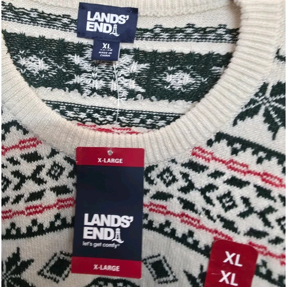 Lands End Mens Fair Isle Holiday Dog Sweater Crew Neck Size XL Geometric Winter